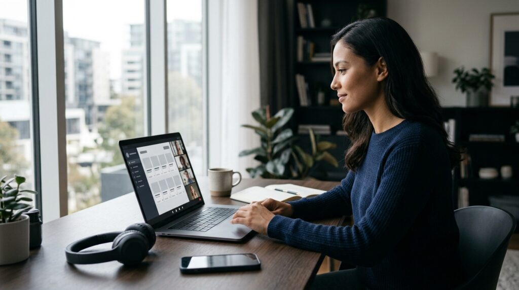 Professional working remotely on a laptop during an international team meeting